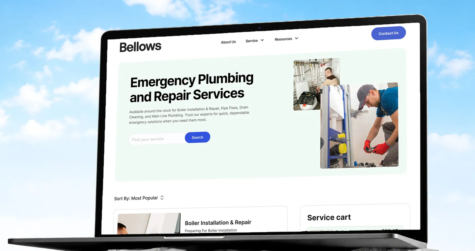 Emergency plumbing and repair services website on a laptop