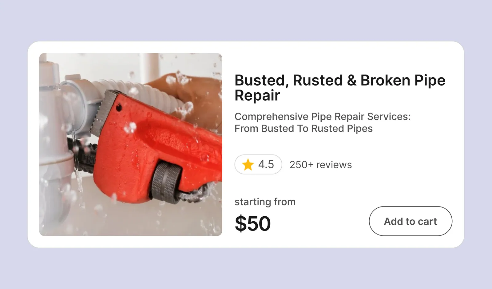 Pipe repair service card with rating, price, and add-to-cart action