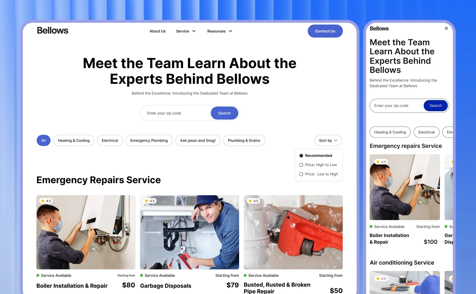 Desktop and mobile service browsing with search, categories, sorting, and service cards