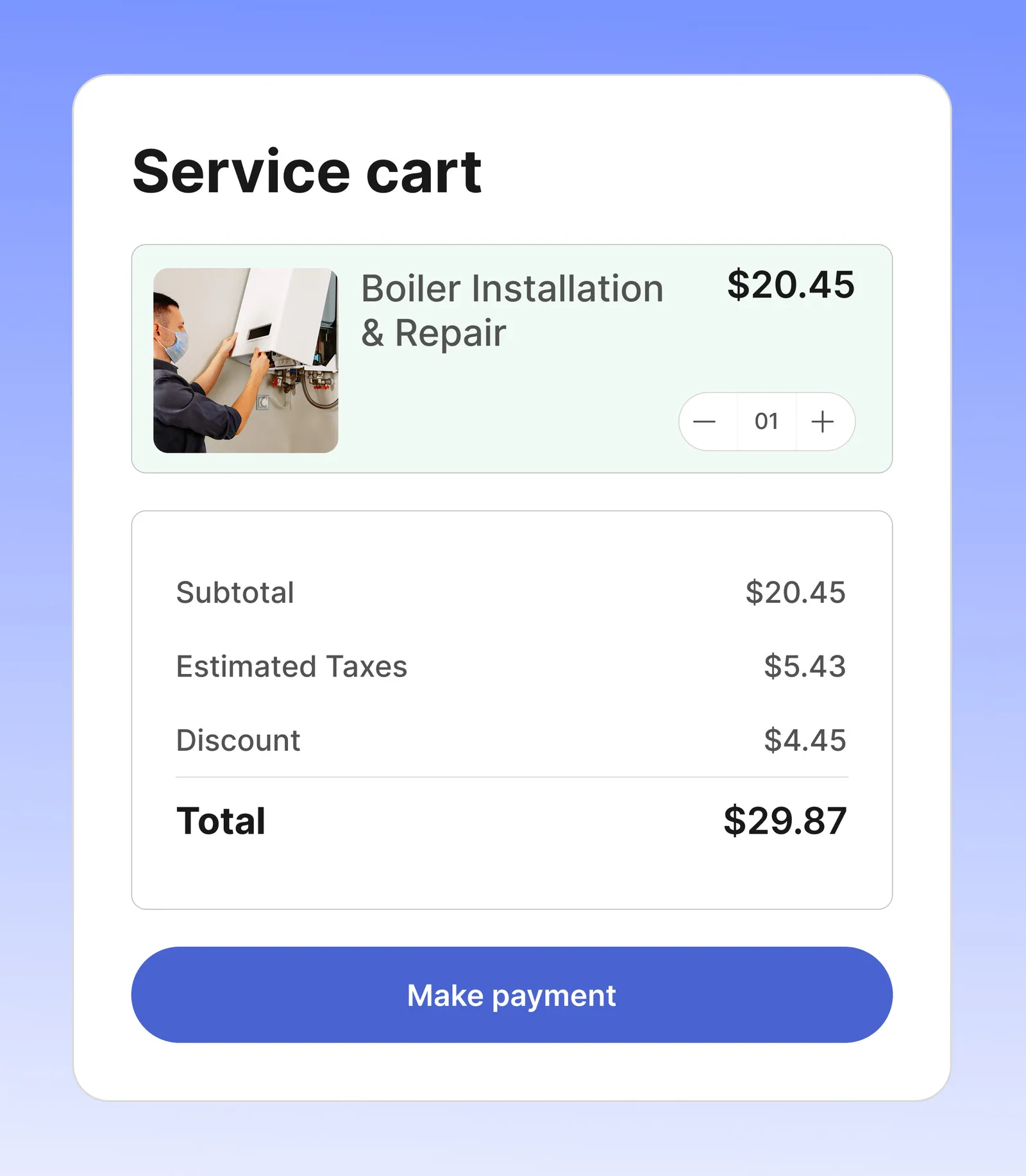 Service cart with booking quantity, price breakdown, and payment action