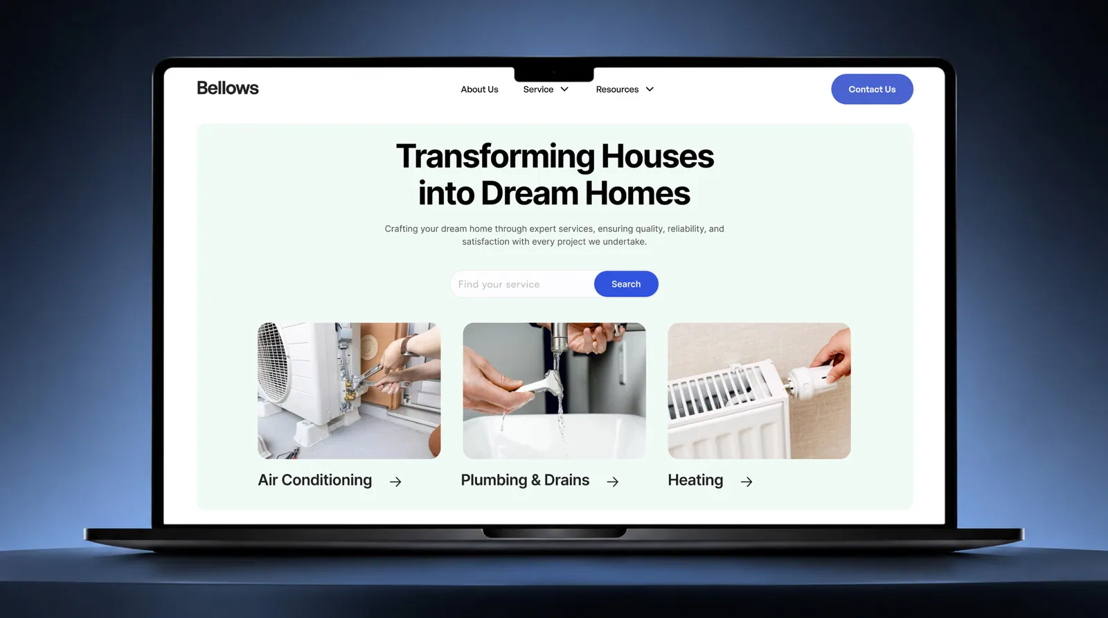 Bellows home services homepage displayed on a laptop