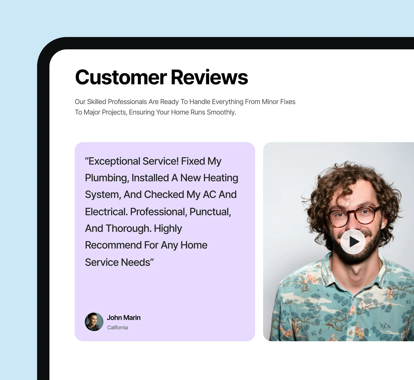 Customer reviews with testimonial and video preview