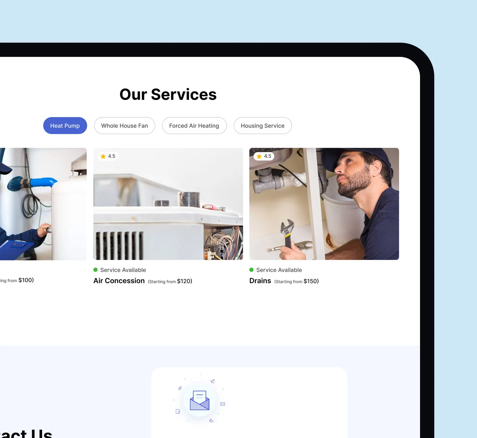 Home service categories and availability cards