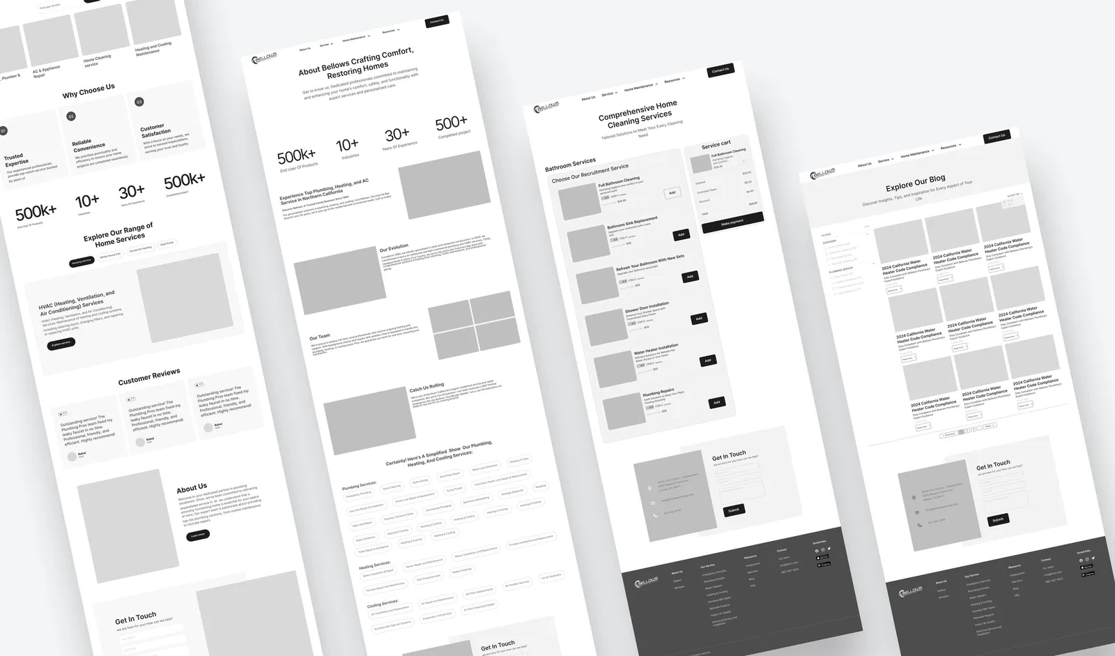 Bellows wireframes showing home, about, service booking, and blog pages