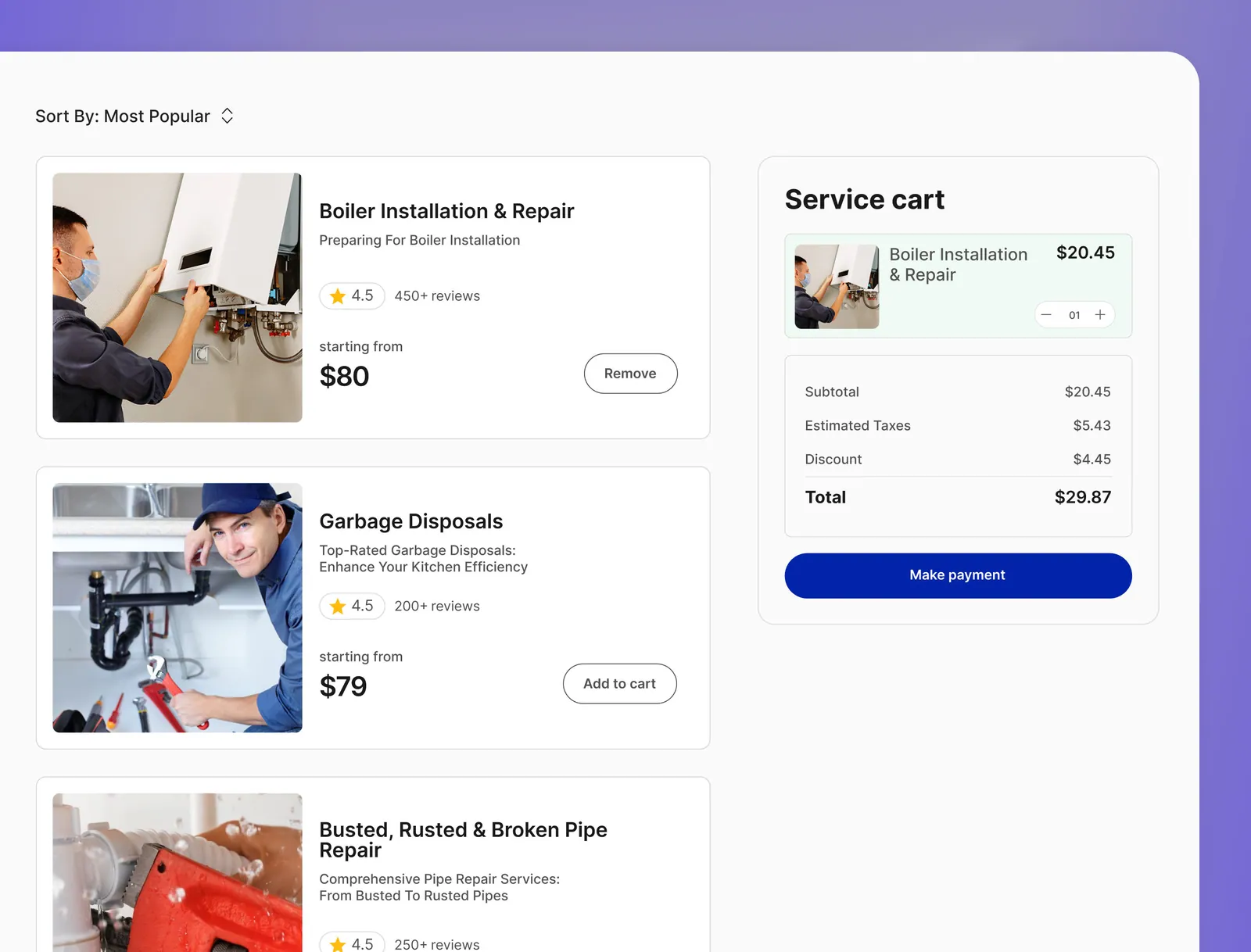 Bellows service listings and shopping cart
