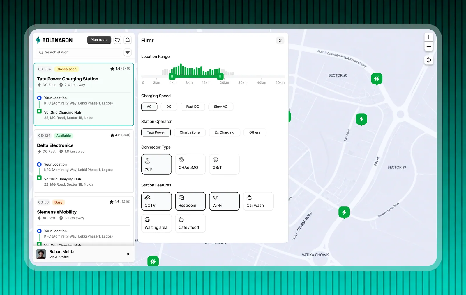 Complete driver map interface with location, charging speed, operator, connector, and station feature filters