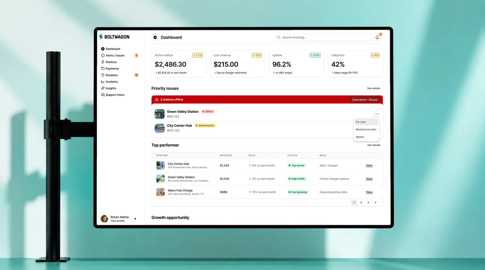 BoltWagon station management dashboard displayed on a monitor
