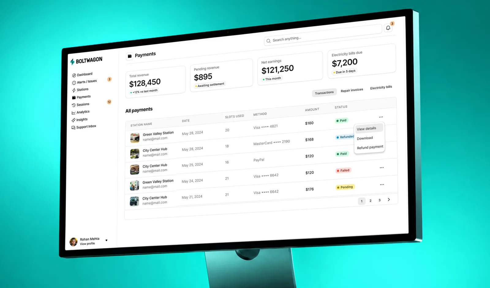 BoltWagon payments dashboard with revenue, transactions, and payment status