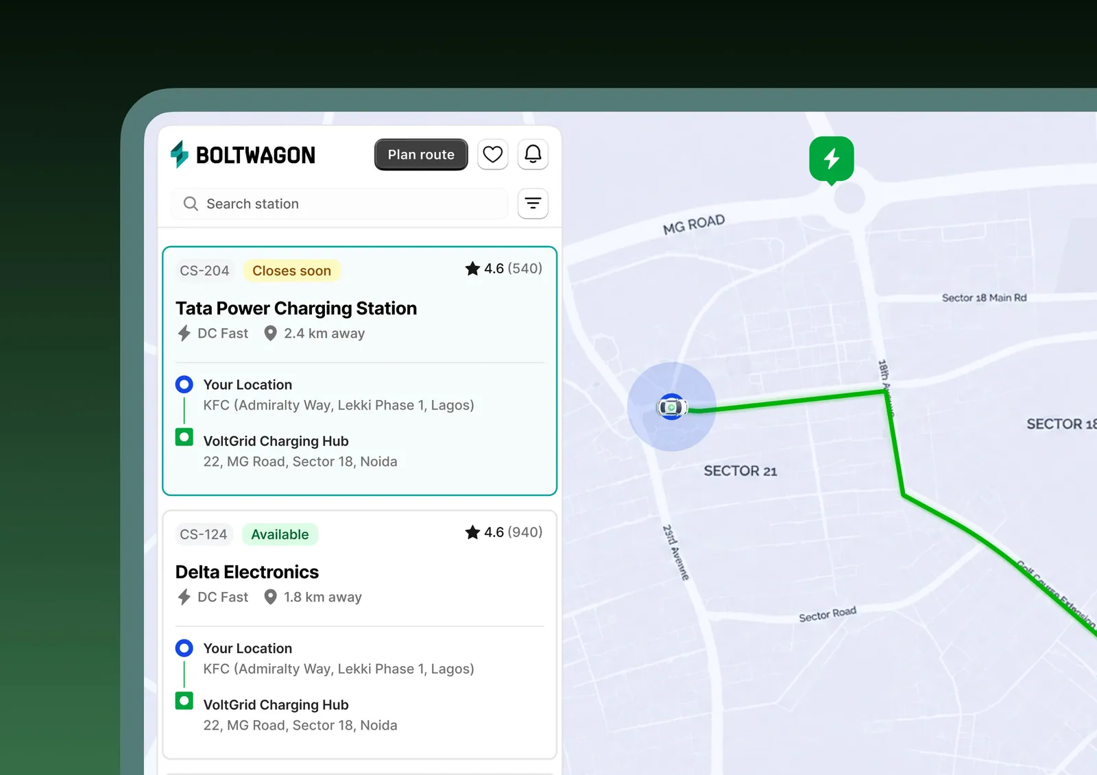 EV driver station discovery and route planning