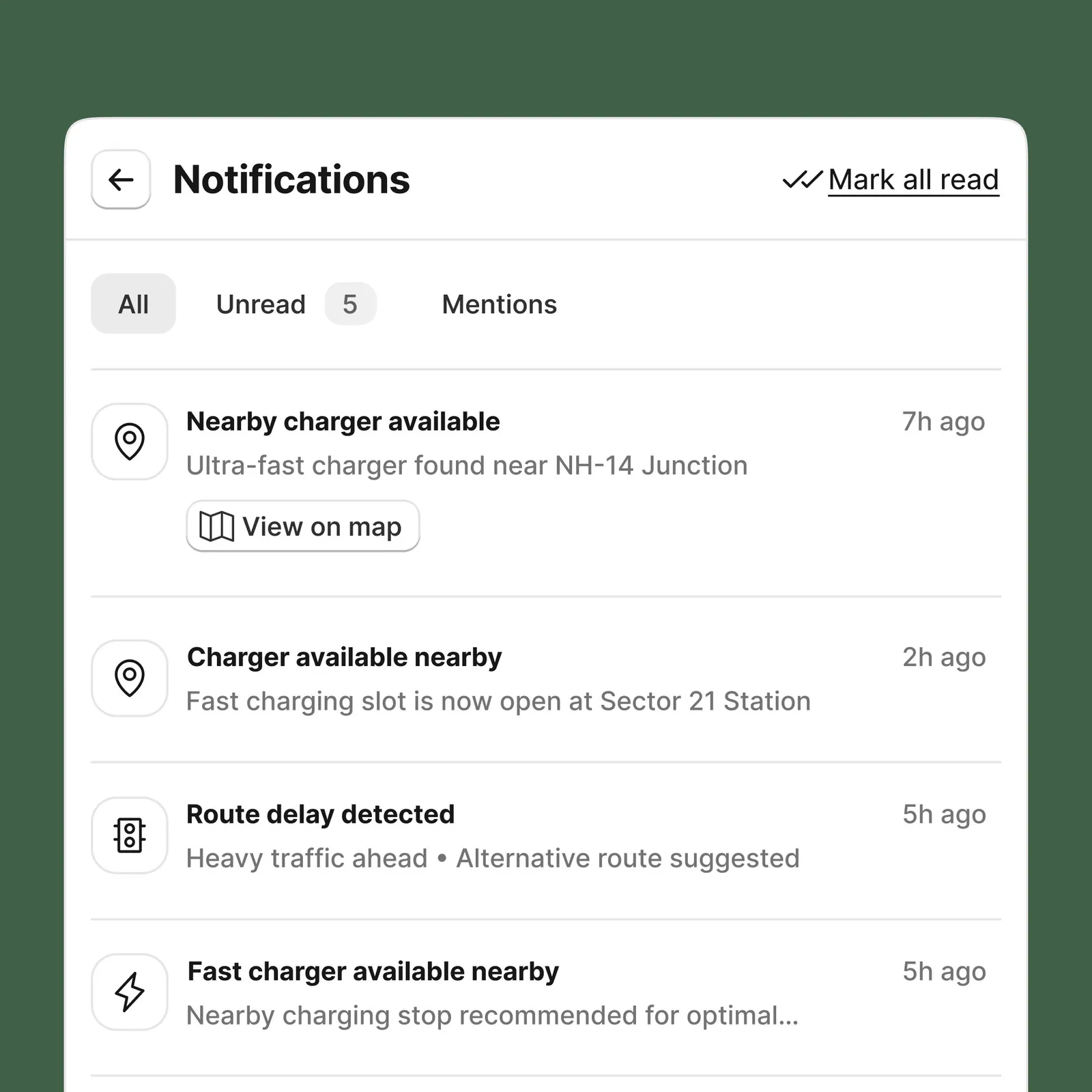 Driver notifications for nearby chargers and route updates