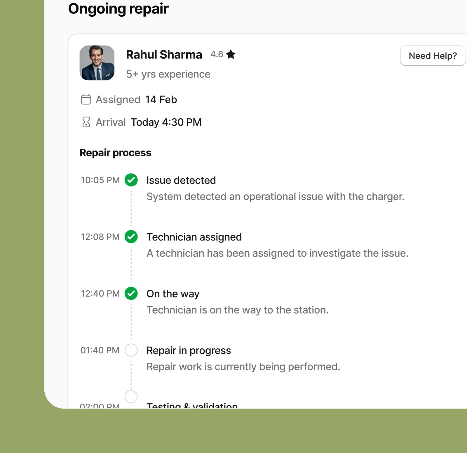 Repair progress with technician assignment and status timeline