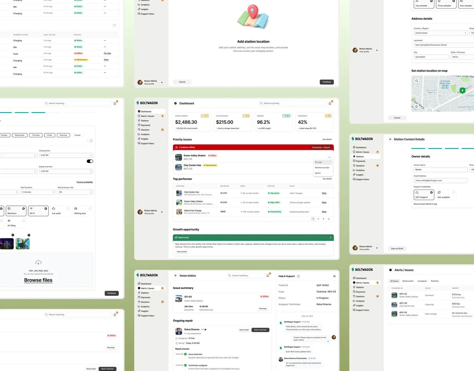 Station owner screen composition showing onboarding, dashboard, station configuration, and issue management