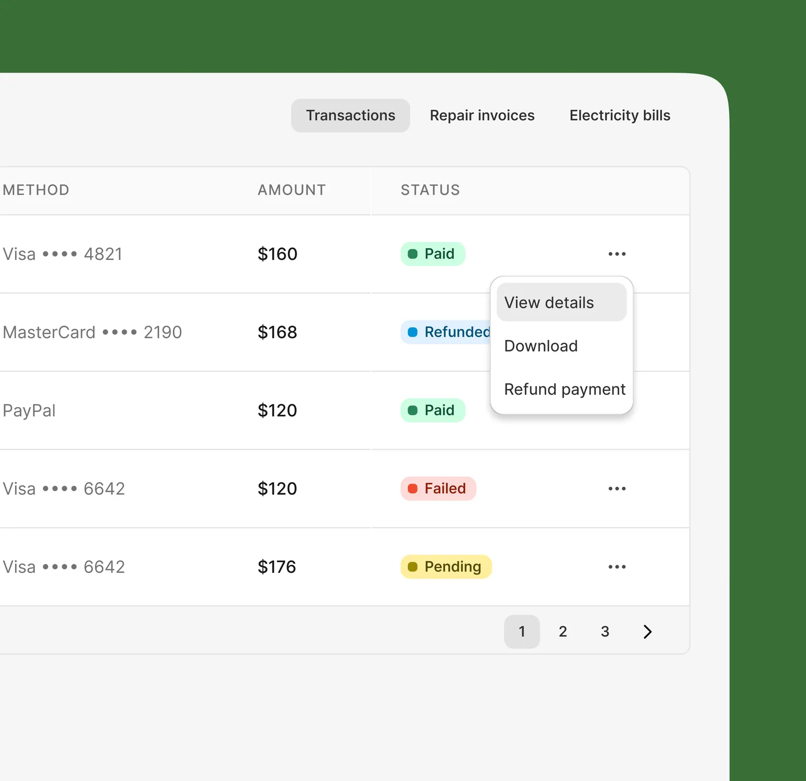 Owner payment transactions and refund actions