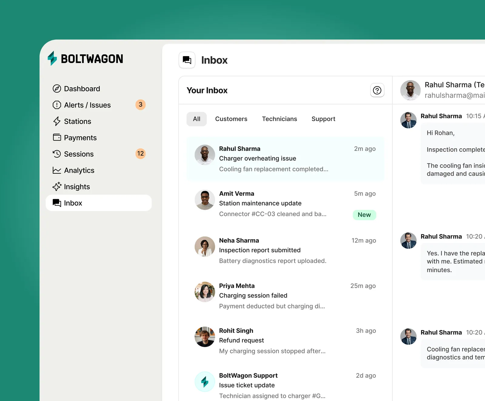 Platform inbox for customers, technicians, and support