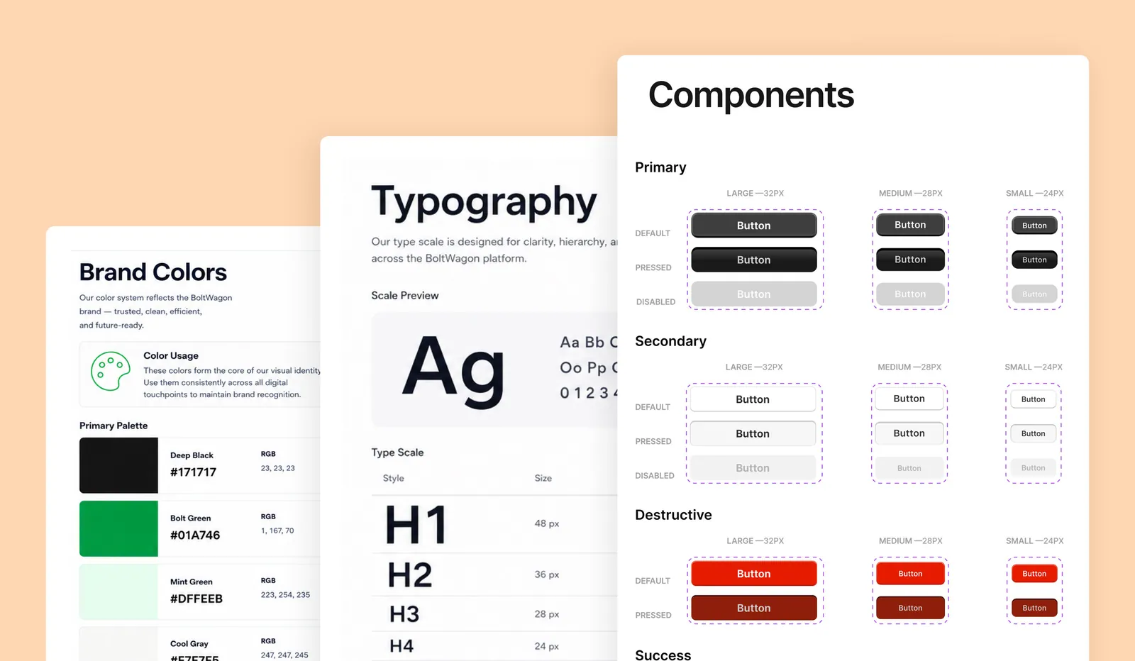 BoltWagon design system: brand colors, typography scale, and reusable button components and states