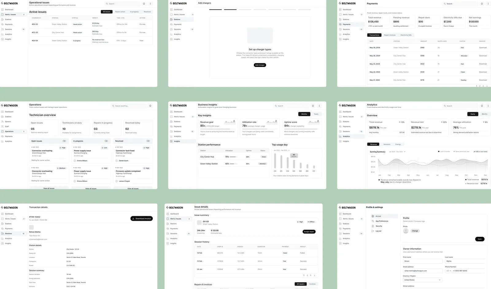 Nine BoltWagon wireframes covering operational issues, chargers, payments, operations, insights, analytics, transactions, issue details, and settings