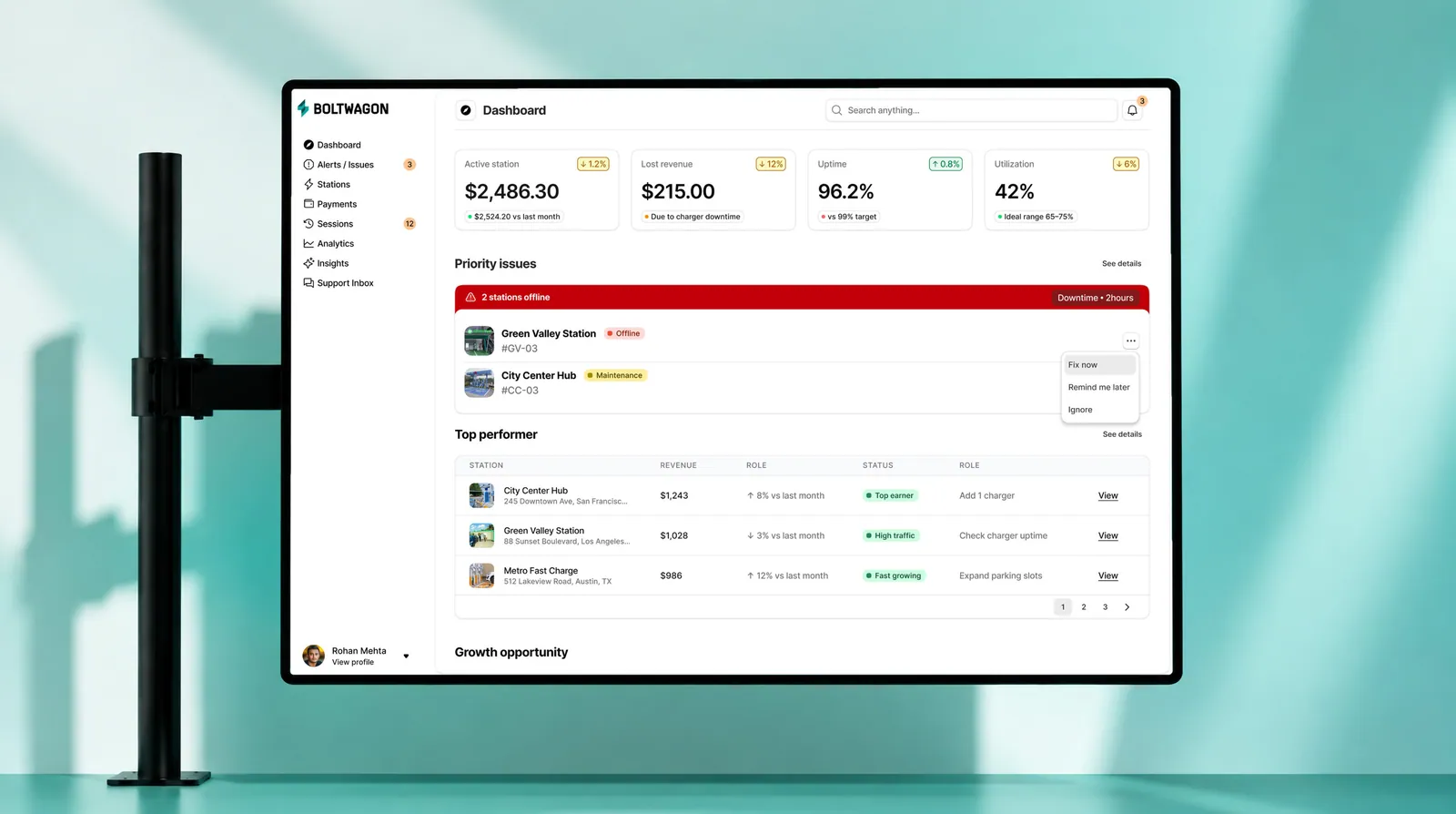 Boltwagon charging management dashboard on a display