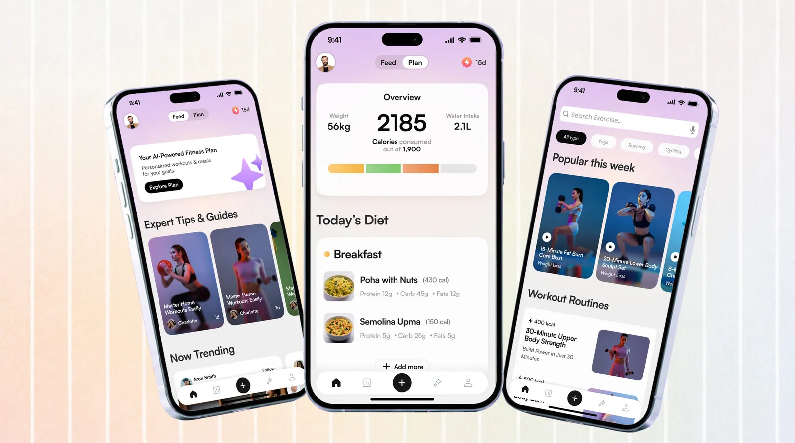 Brio AI fitness feed, daily nutrition plan, and workout discovery on three phones