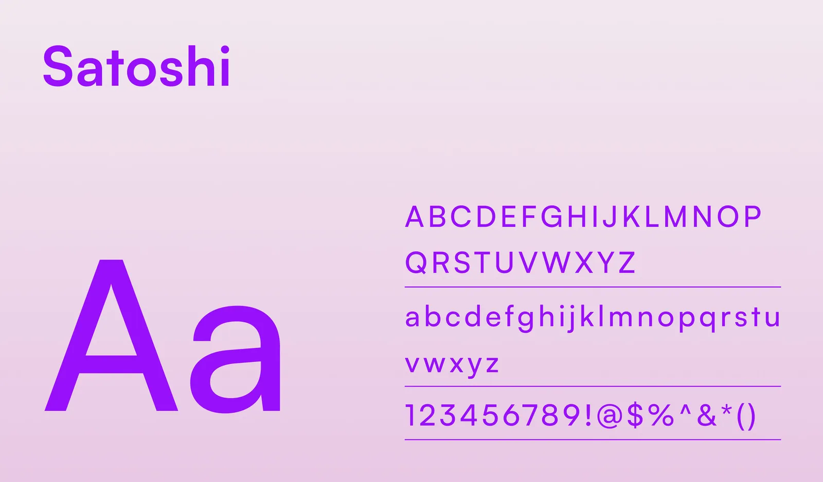 Satoshi typography with uppercase, lowercase, numerals, and symbols