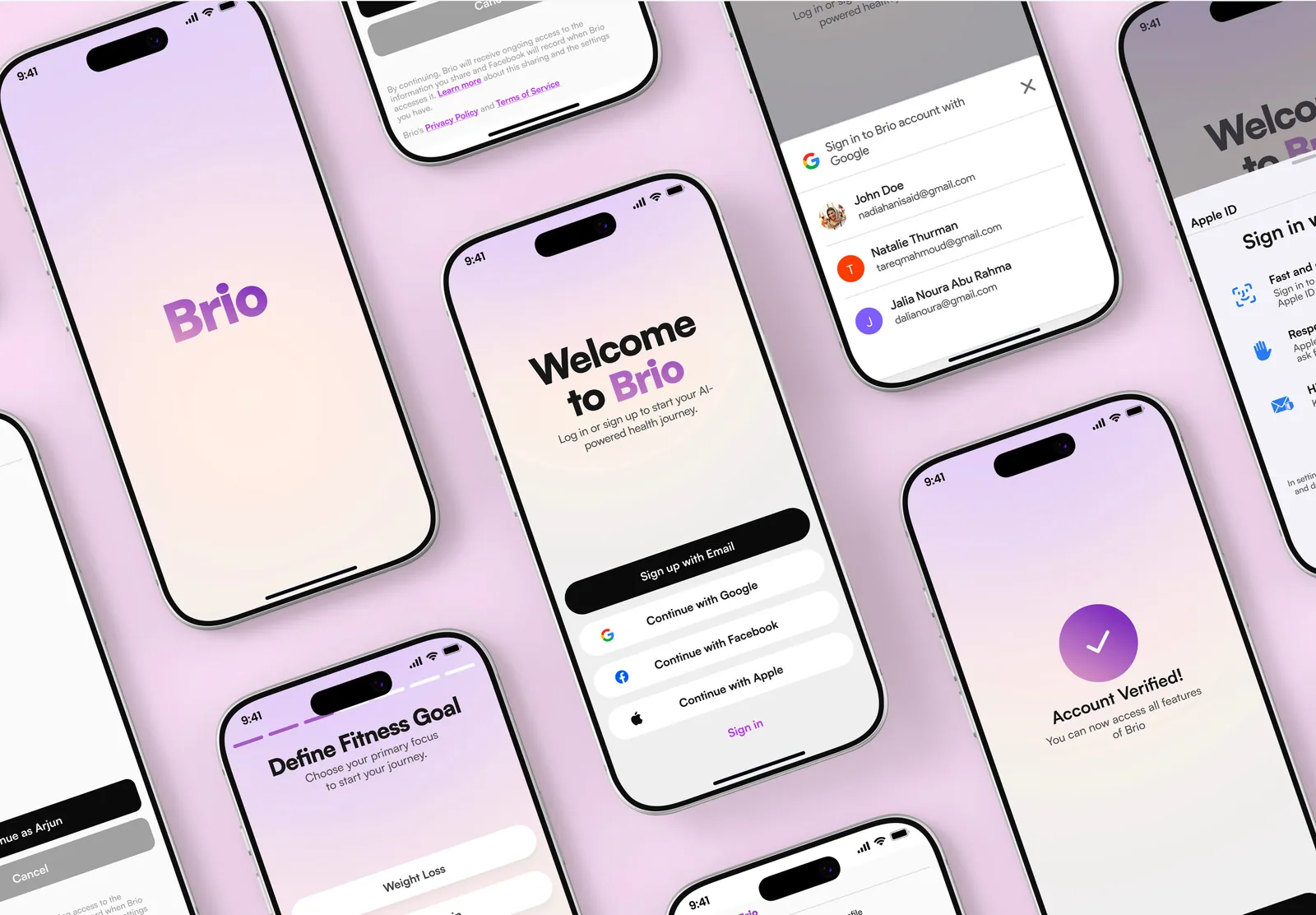 Brio onboarding: welcome, sign up, fitness goals, social sign-in, and account verification