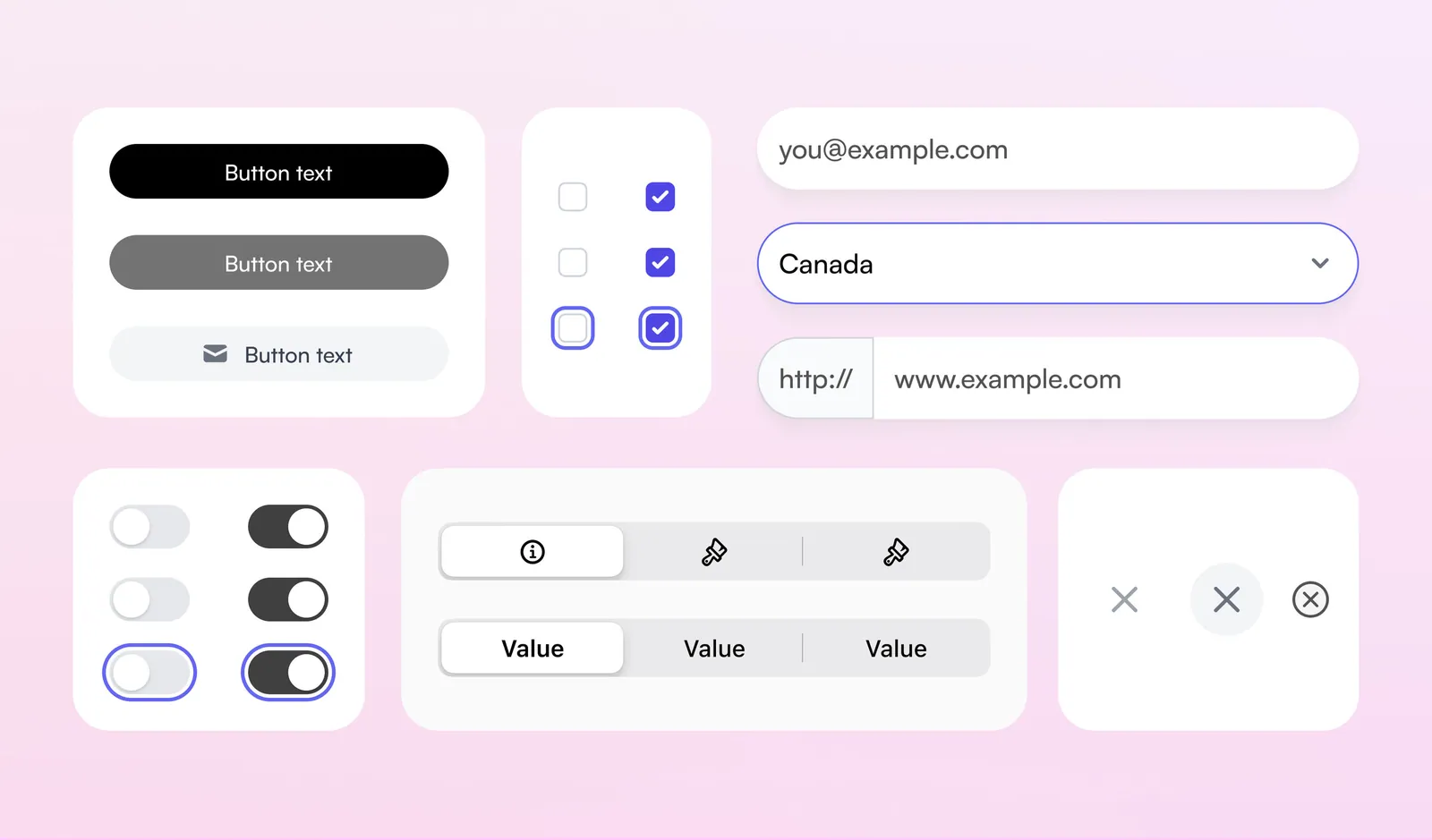 Reusable buttons, form fields, checkboxes, toggles, and segmented controls