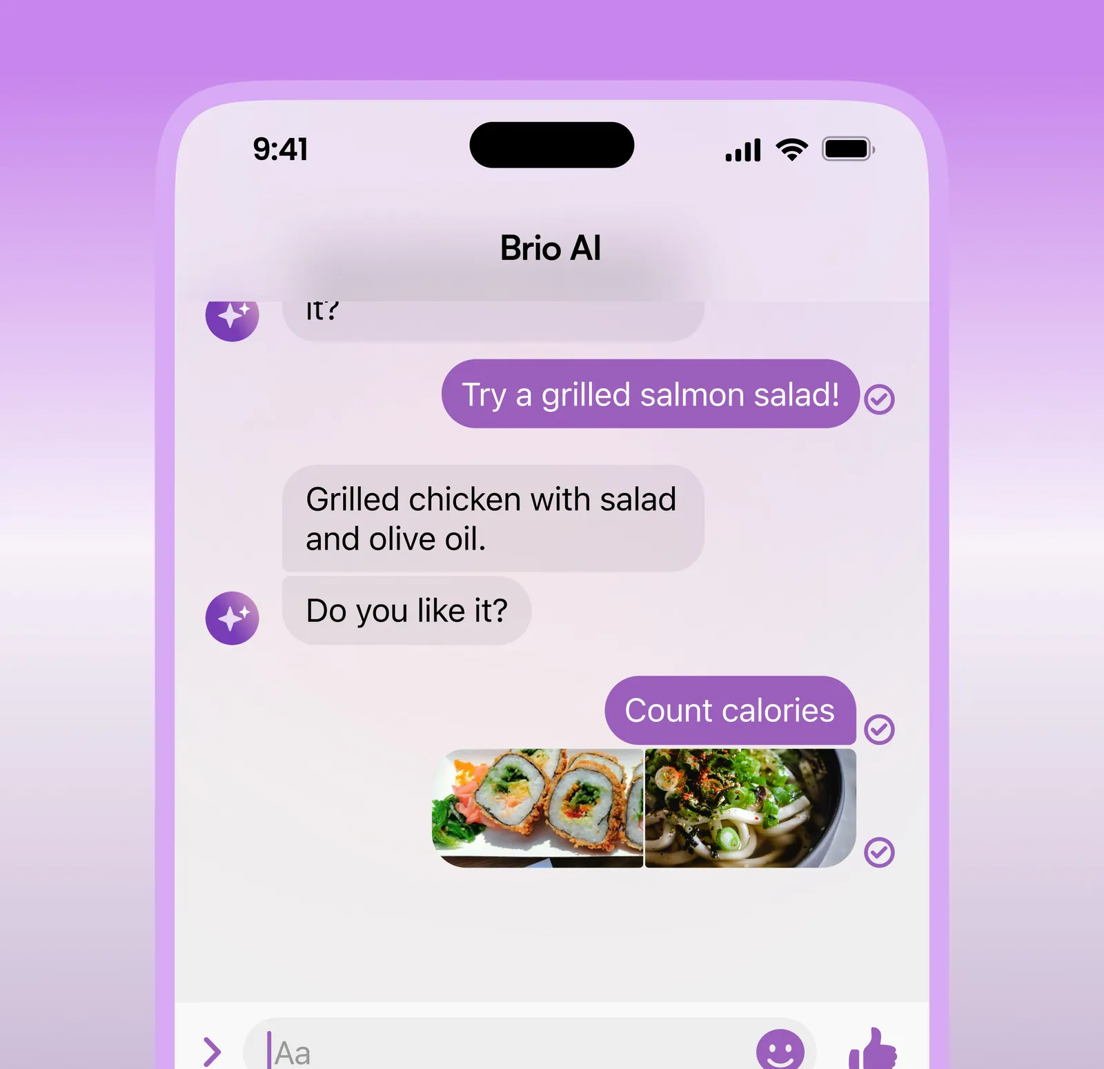 Brio AI conversation about meals and calorie tracking
