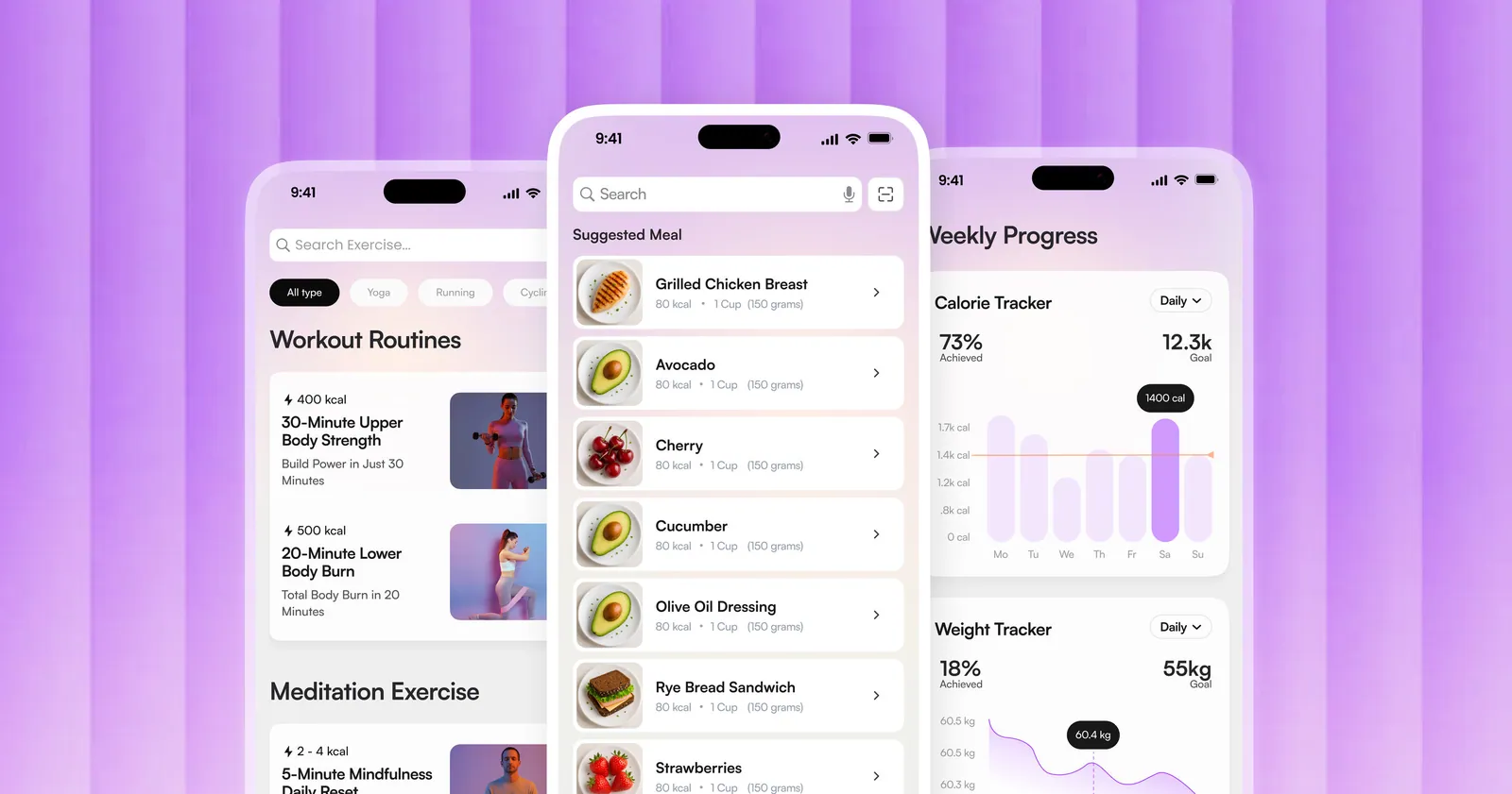 Workout routines, suggested meals, and weekly progress screens