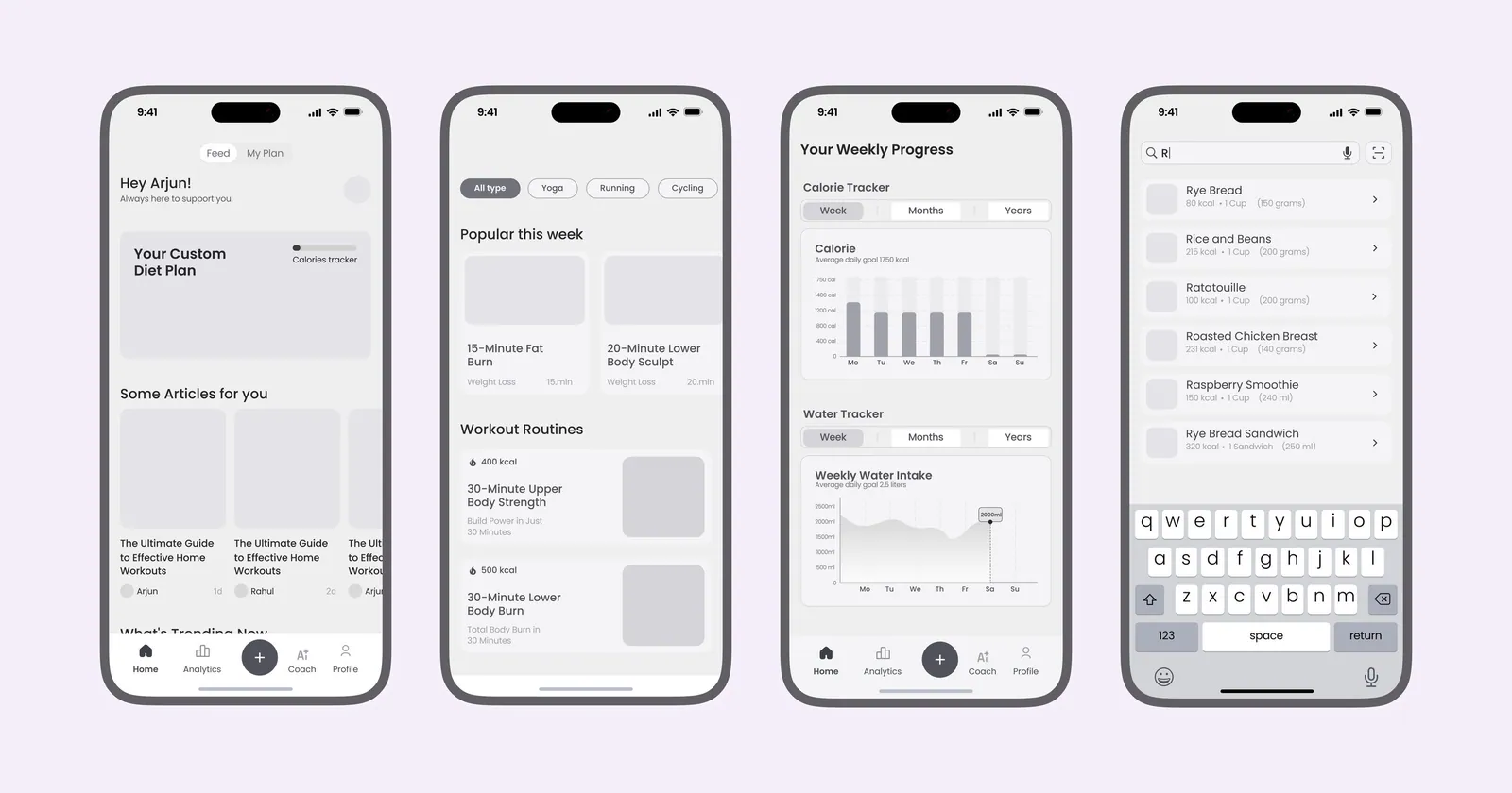 Low-fidelity wireframes for the feed, workouts, weekly progress, and food search