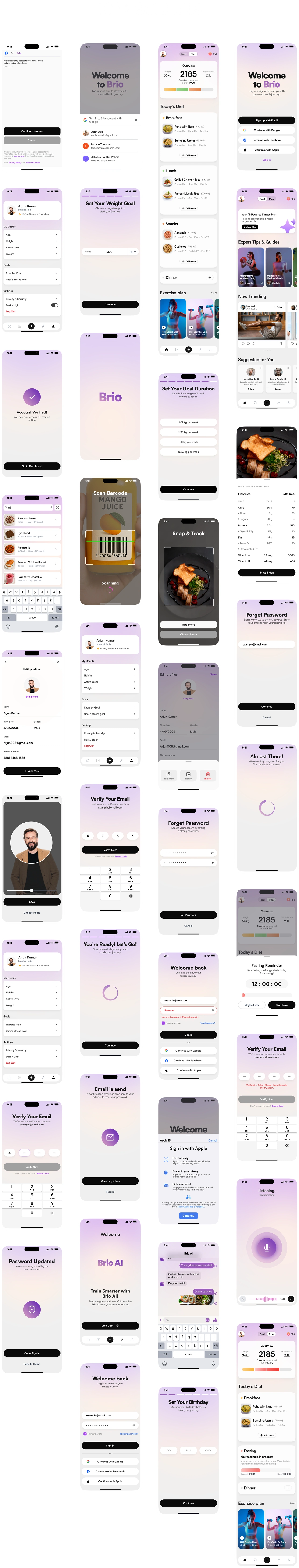Brio mobile screens: onboarding, nutrition, progress, and AI guidance