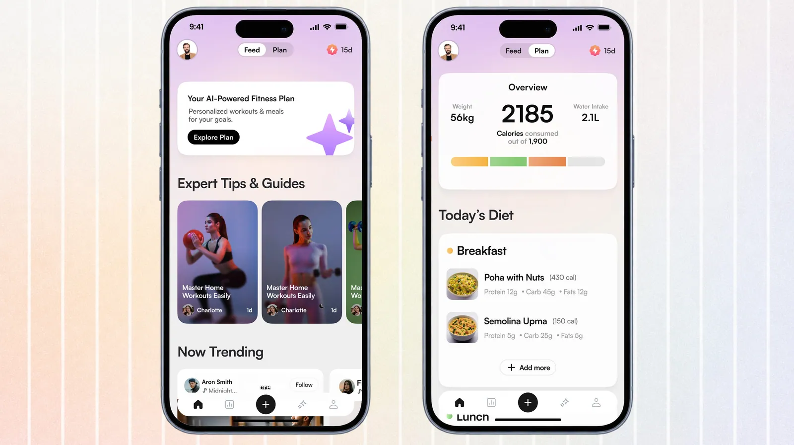 Brio AI fitness feed and nutrition plan on two phones
