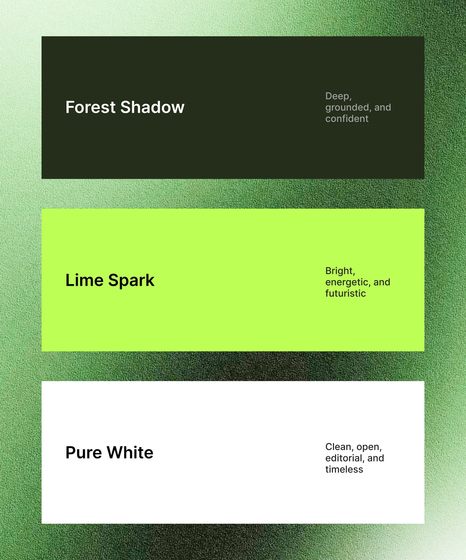 Brand palette: Forest Shadow, Lime Spark, and Pure White