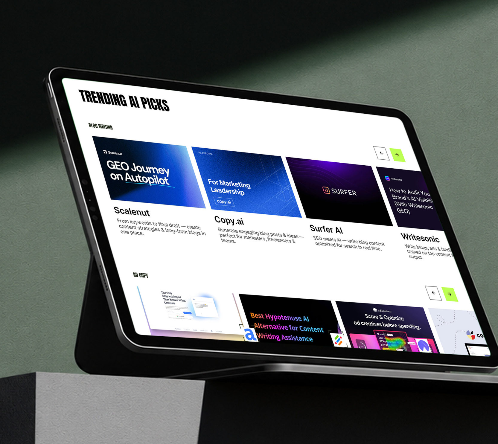 Trending AI picks on a tablet