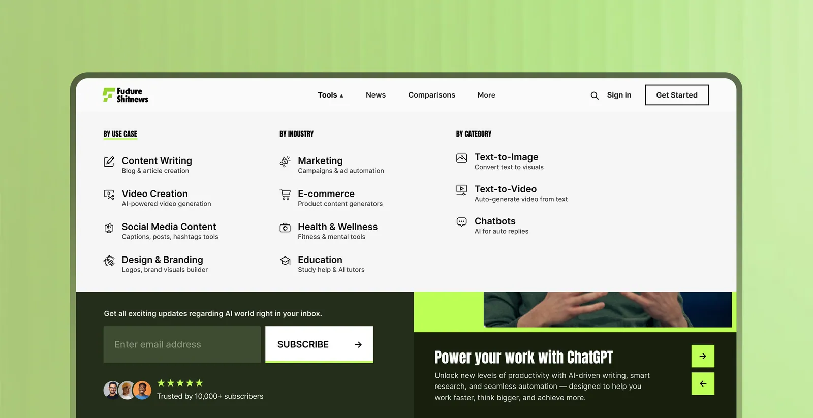 Expanded navigation organized by use case, industry, and category