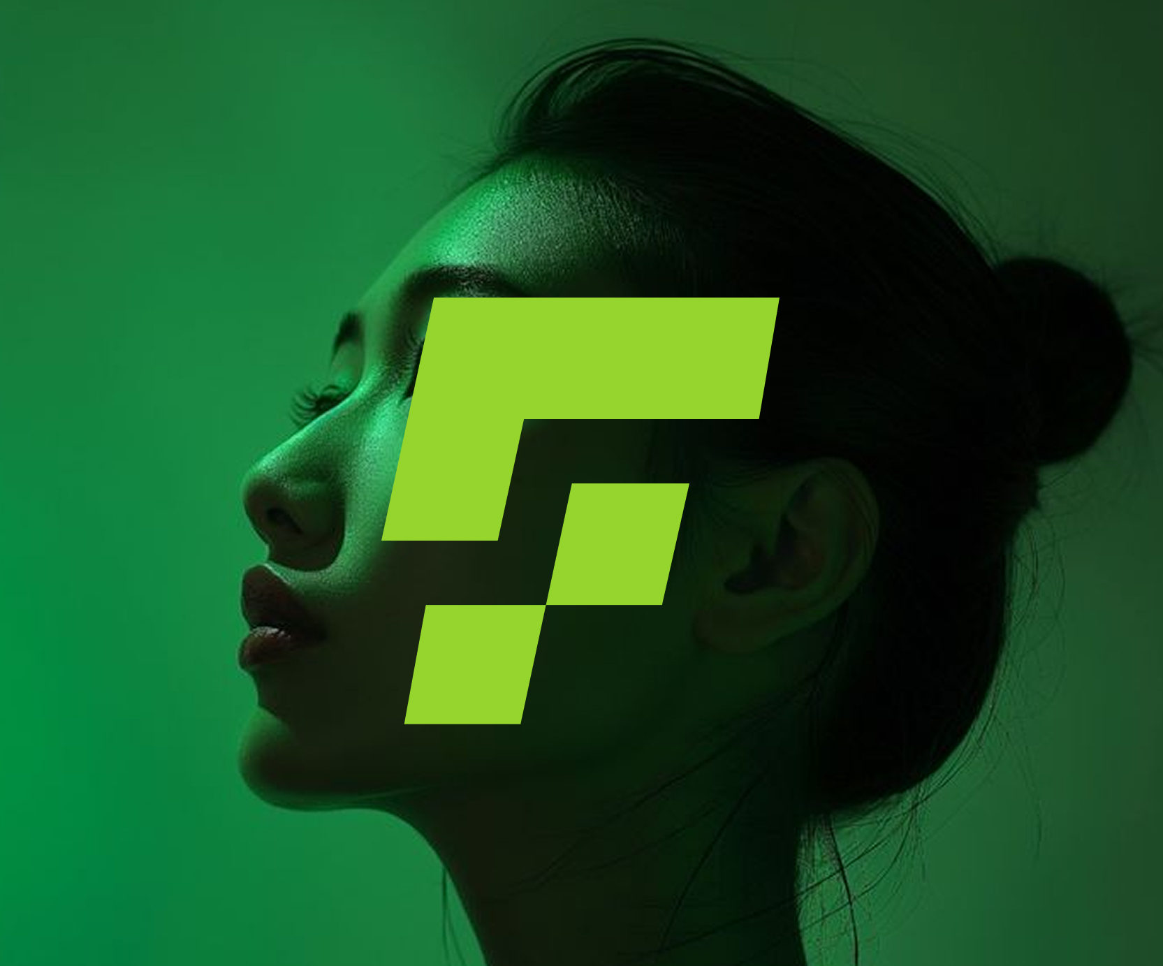 Lime geometric brand mark over a green portrait
