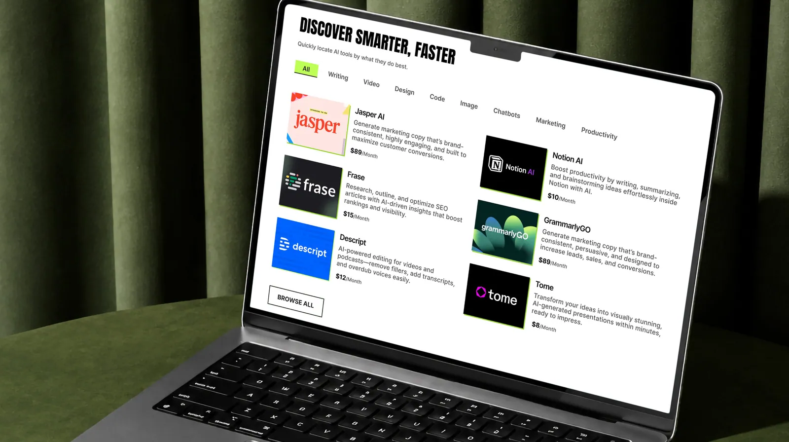 AI tool discovery with categories, product descriptions, and pricing on a laptop