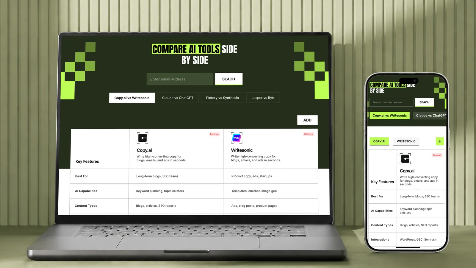 AI tool comparison shown on desktop and mobile