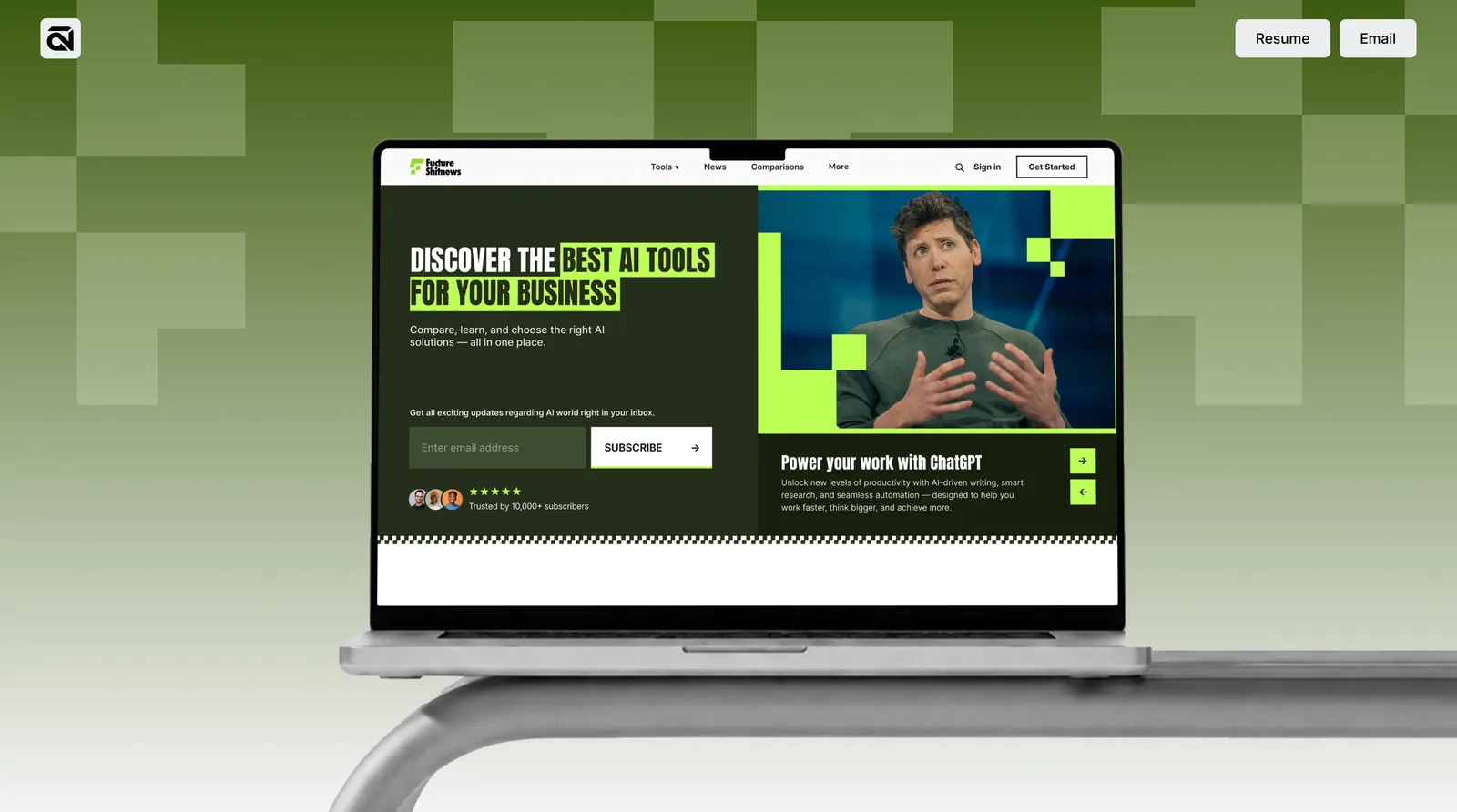 Fuctureshit.news homepage on a laptop: discover the best AI tools for your business