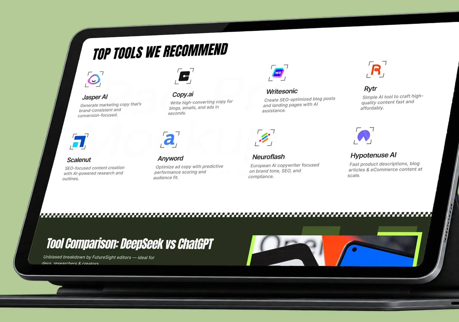 Recommended AI tools and comparison content on a tablet