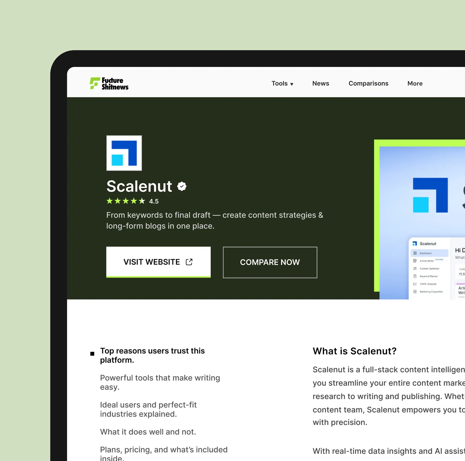 Scalenut tool details with ratings and comparison actions