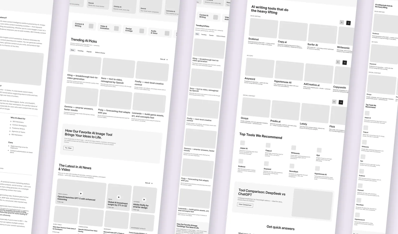 Desktop and mobile wireframes for tool discovery, recommendations, news, and comparisons