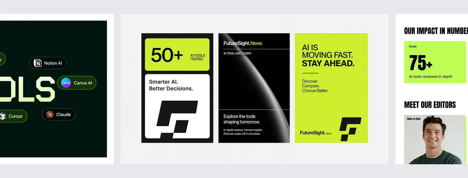 FUCTURESHIT.NEWS brand graphics, AI tool statistics and editorial designs