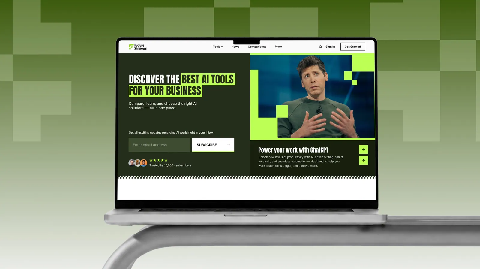 FUCTURESHIT.NEWS AI tools website displayed on a laptop
