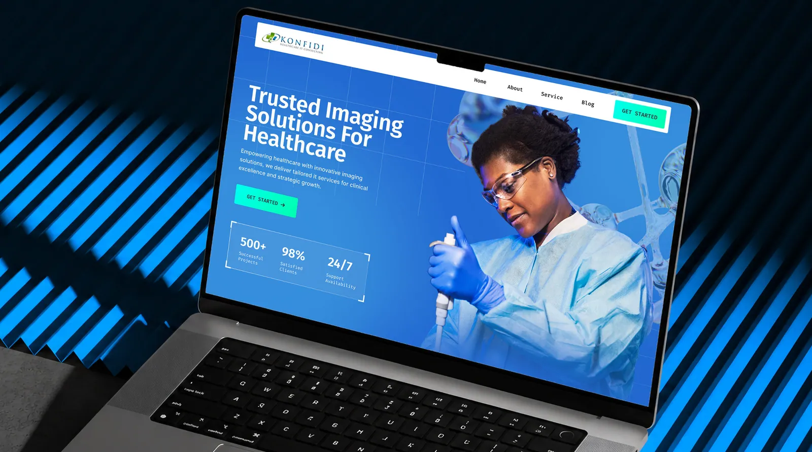 Konfidi Health imaging solutions website displayed on a laptop