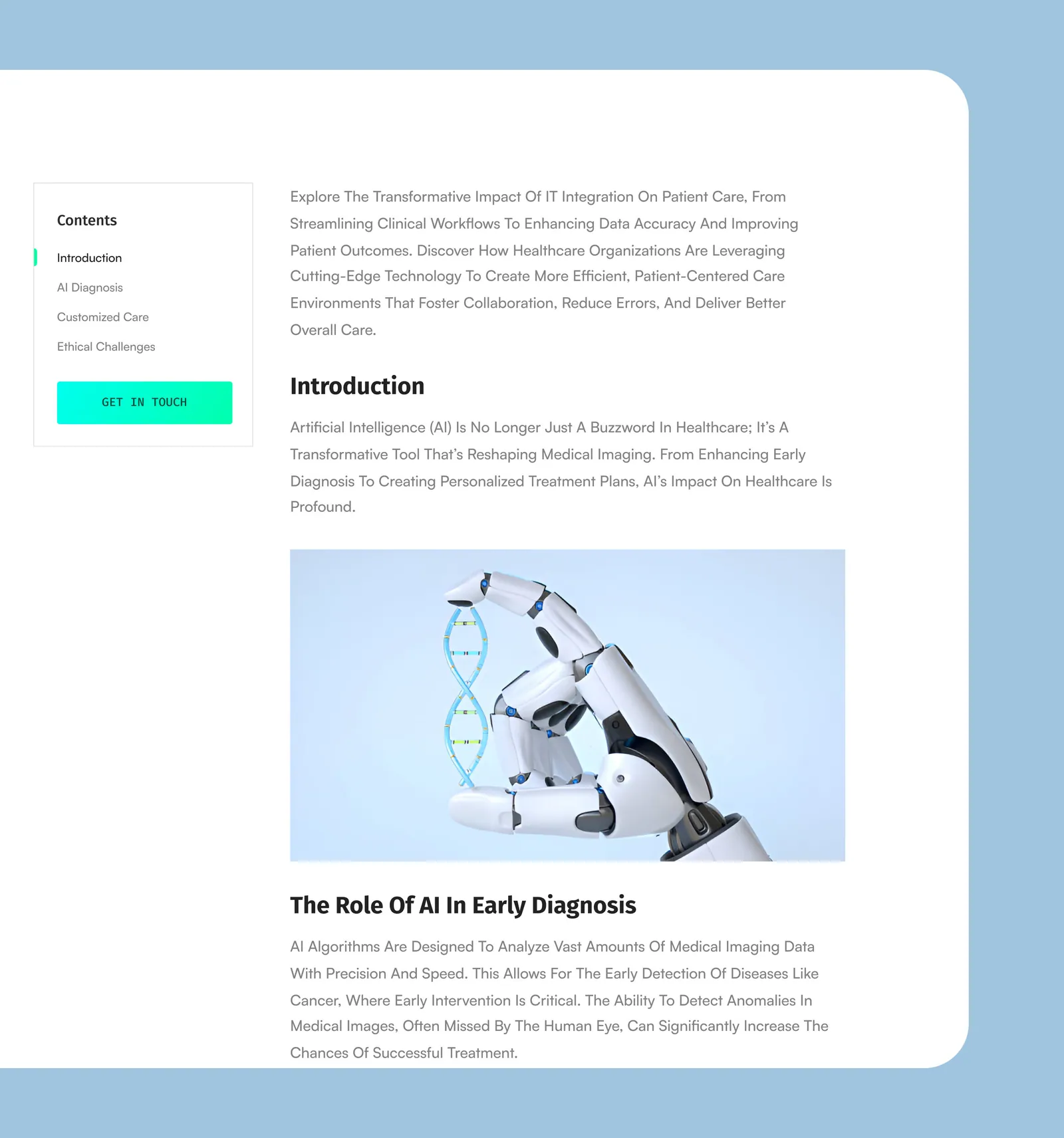 Healthcare article with contents navigation and AI diagnosis illustration