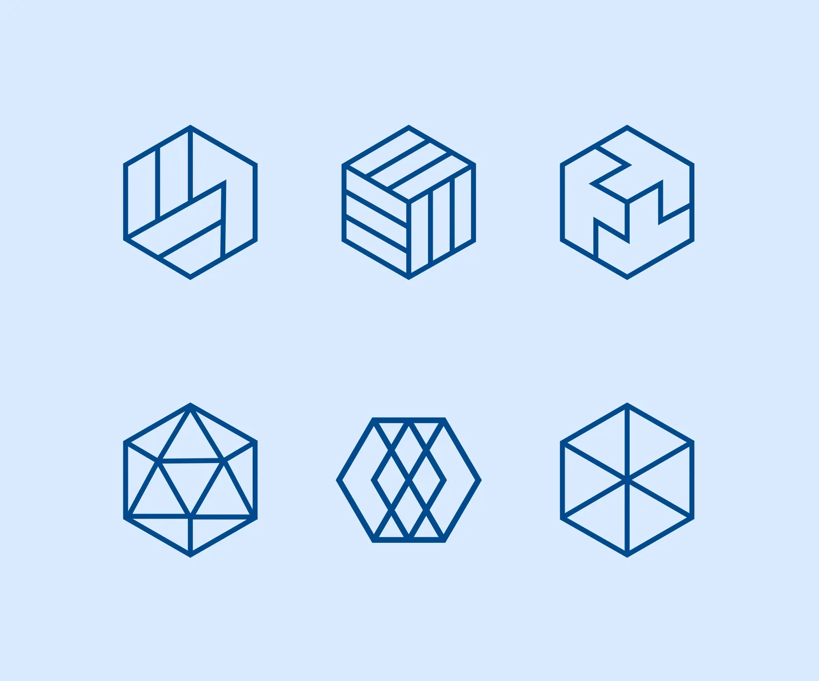 Six geometric blue line icons