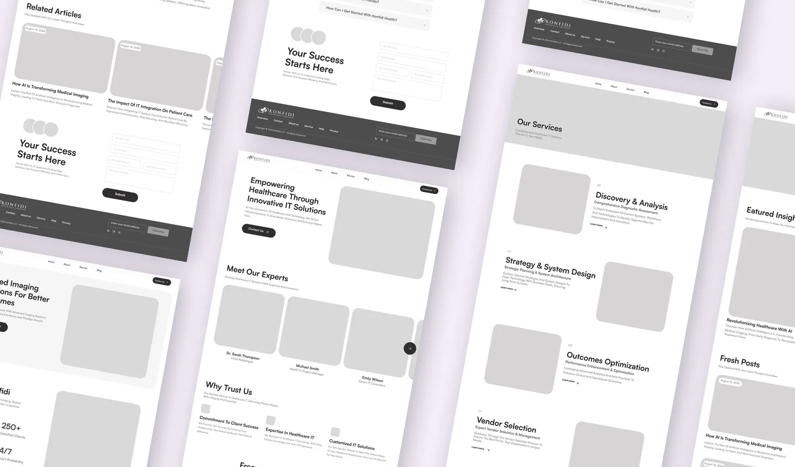 Wireframe composition showing homepage, services, articles, and contact layouts