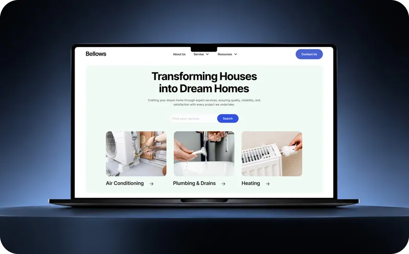 Bellows home services website displayed on a laptop