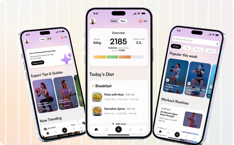 Brio AI fitness, nutrition, and exercise screens on three phones
